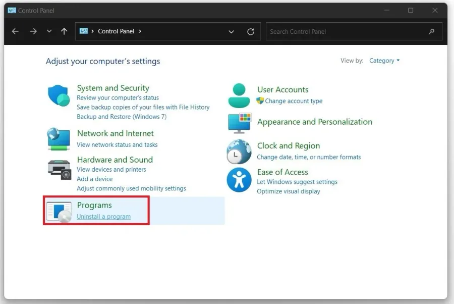 Control Panel > Programs > Uninstall a Program