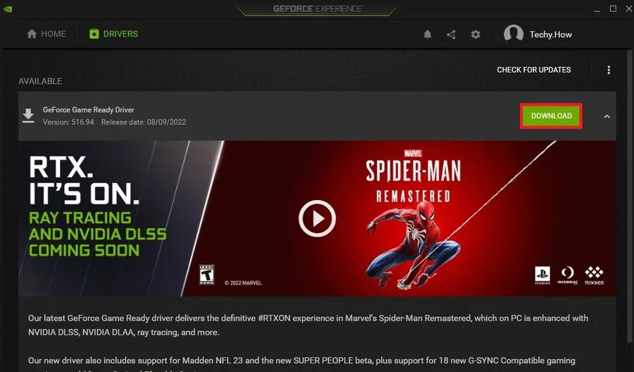 GeForce Experience > Drivers > Download