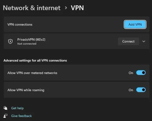 Windows Settings > Network & Internet > VPN