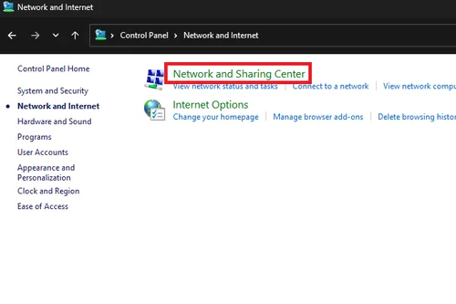 network and sharing center