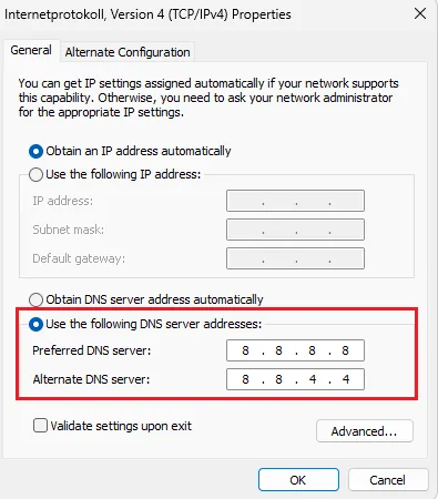 change dns server address