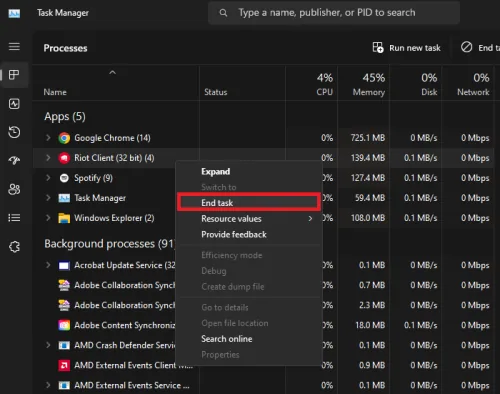 end riot games task in task manager