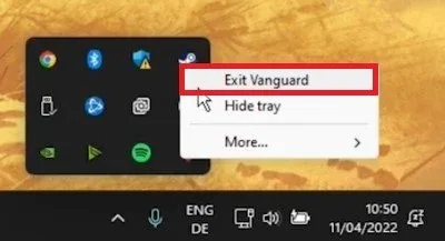 System Tray > Exit Vanguard