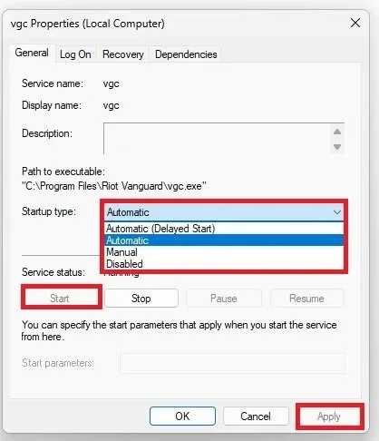 vgc Properties > Startup type > Automatic