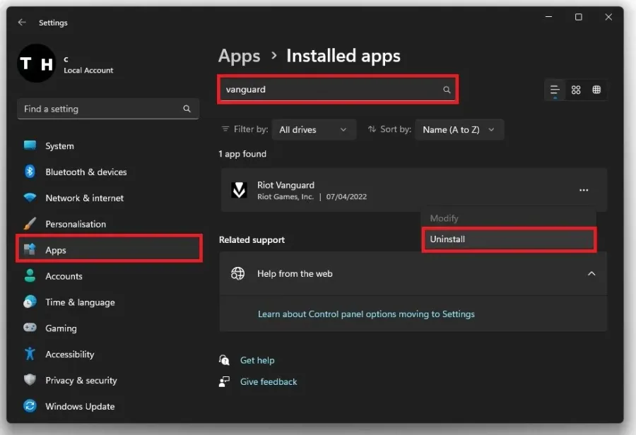 App Settings > Installed Apps > Riot Vanguard