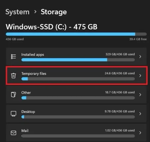 System Settings > Storage > Temporary Files