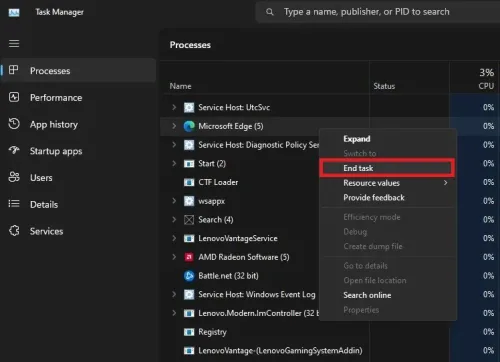 Task Manager > Processes