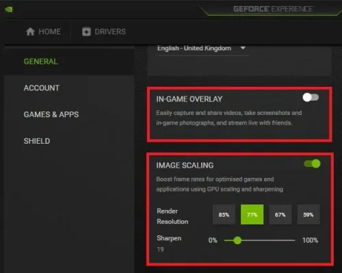 GeForce Experience Settings > General