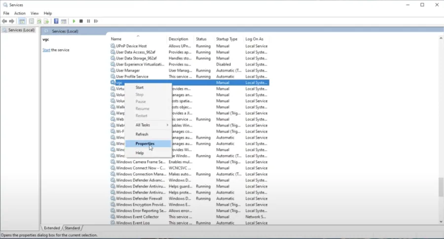 The service control manager will allow you to make changes to services, such as the “VGC” service from Valorant.