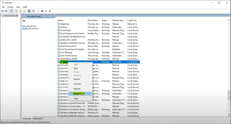 The service control manager will allow you to make changes to services, such as the VGC service from Valorant.