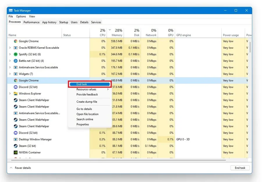 Task Manager > Processes > End Task