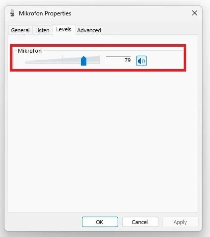 In the Levels tab, make sure that your mic is not muted