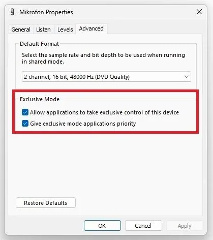 Enable Exclusive Mode for your mic