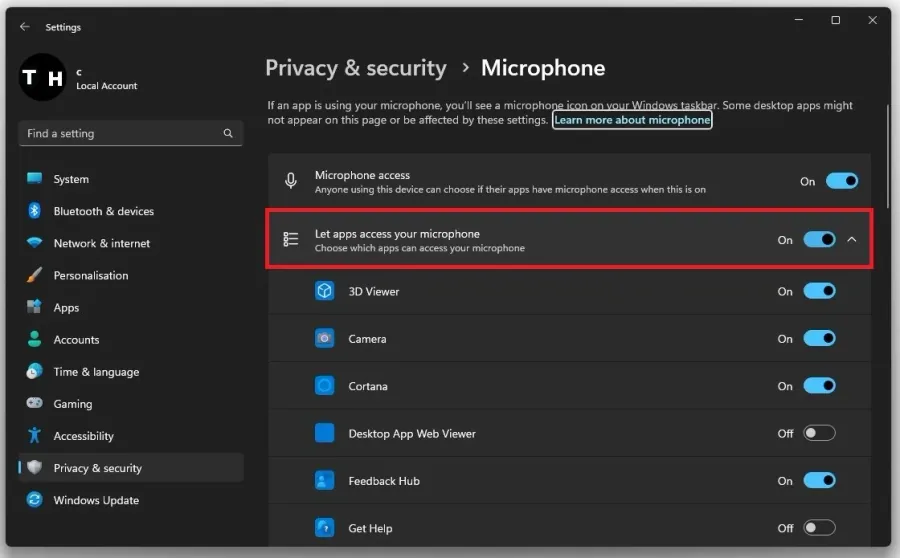 Microphone Access > Let apps access your microphone