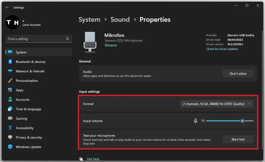 System Settings > Sound > Audio Input Properties