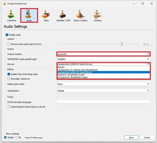 VLC Media Player > Preferences > Audio