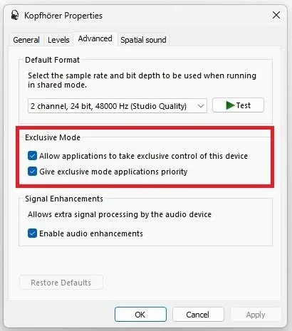 Sound Control Panel > Advanced