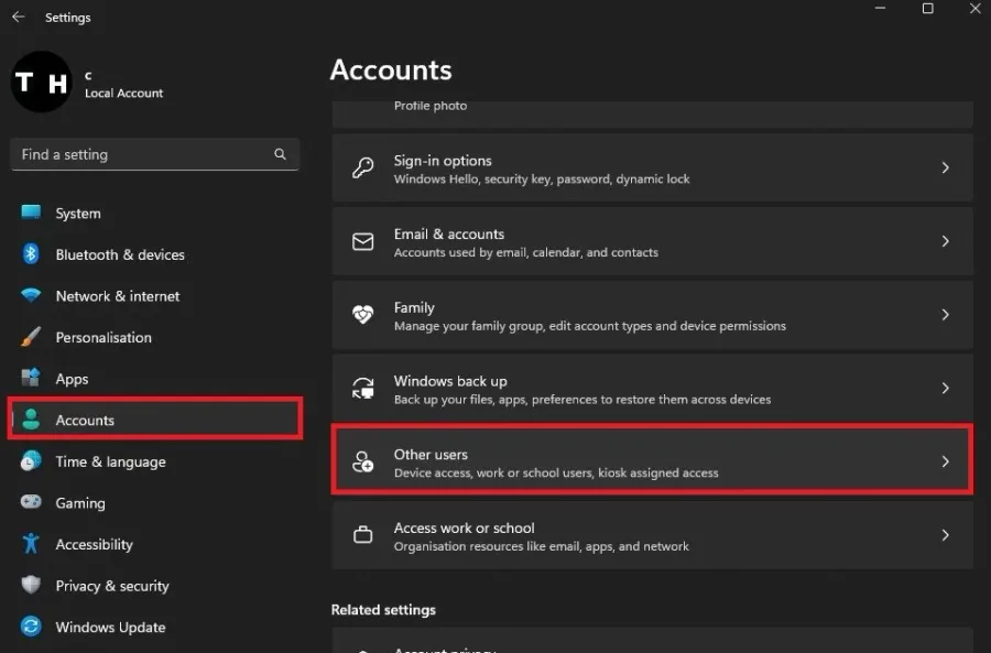 System Settings > Accounts > Other users