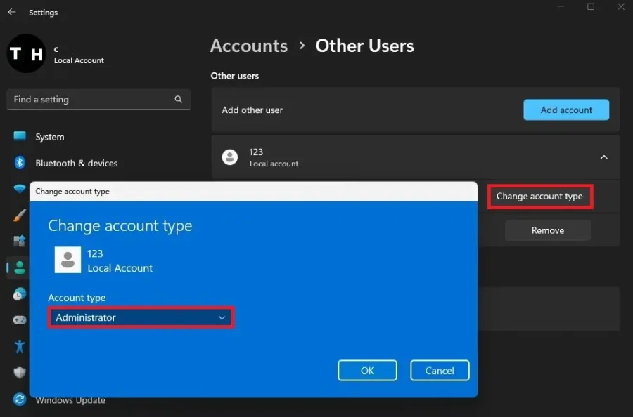 Change Account Type > Administrator