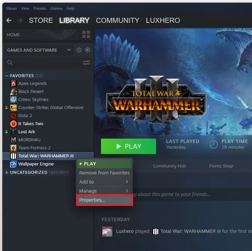 Steam library > Warhammer III > Properties