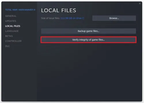 Total War: Warhammer III Properties > Local Files > Verify Integrity of game files