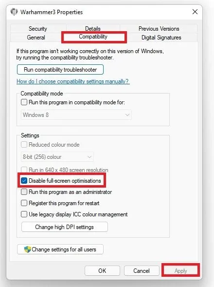 Disable Fullscreen Optimizations for Warhammer 3