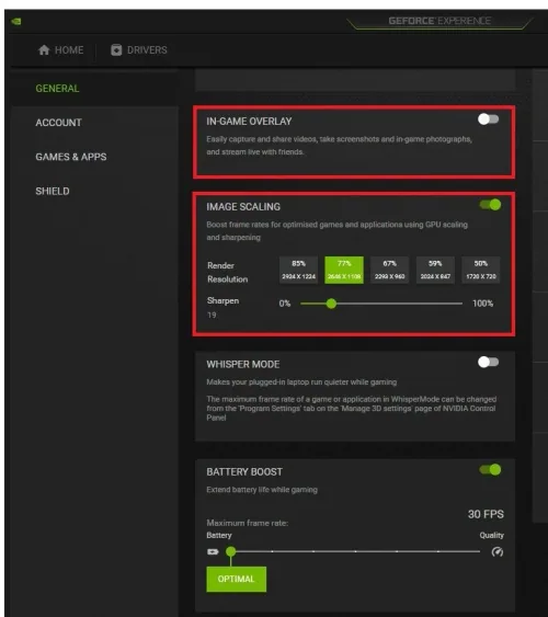 GeForce Experience > General Settings > Image Scaling