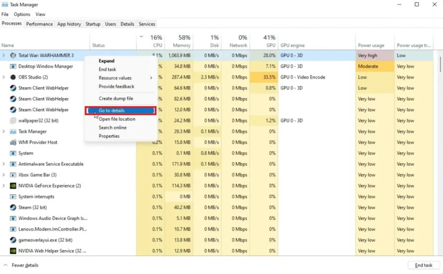 Task Manager > Warhammer 3 > Go to details