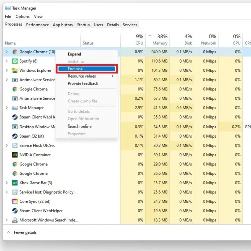 Task Manager > Processes > End Task