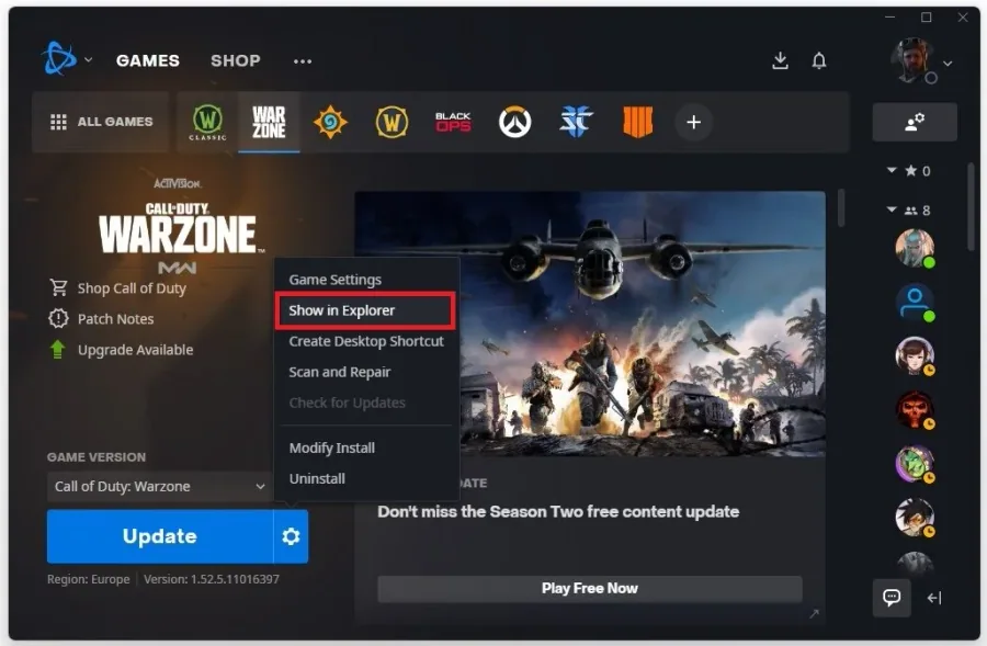 Battle.net > Warzone > Show in Explorer