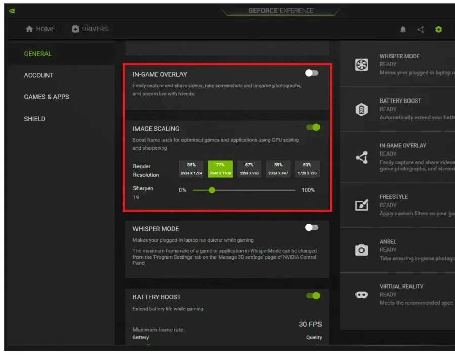 GeForce Experience > General Settings > Image Scaling
