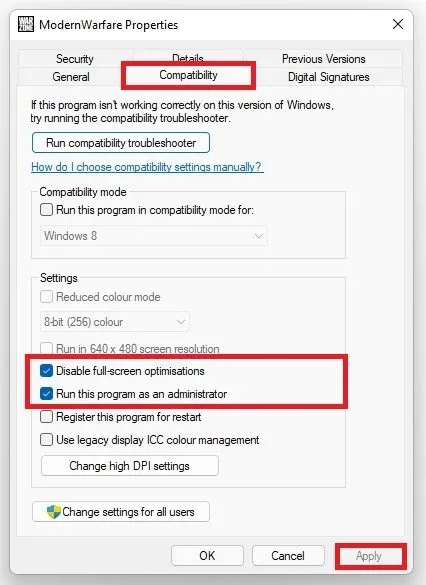 Modern Warfare Properties > Compatibility > Settings