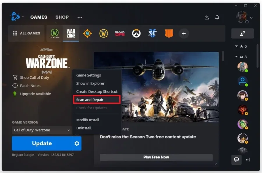 Warzone Properties > Scan and Repair