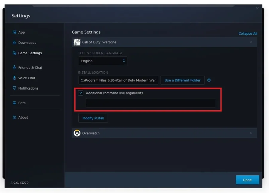 Modern Warfare Settings > Game Settings > Additional Command Line Arguments