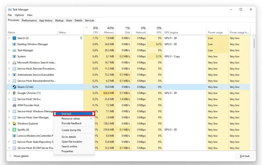 Task Manager > Processes > End Task