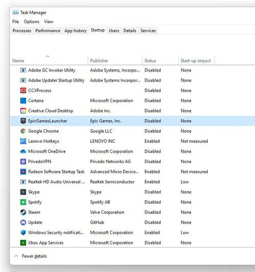 Task Manager > Startup