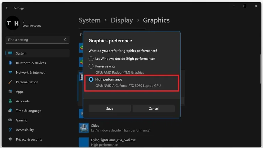 Graphics Settings > Graphics Preference > High Performance