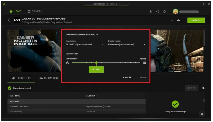 GeForce Experience > Home > Call of Duty Modern Warfare > Custom Settings