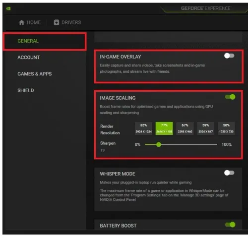 GeForce Experience > General Settings > Image Scaling