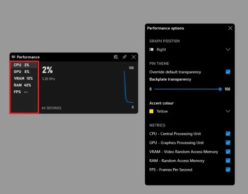 Xbox Game Bar Overlay > Performance Widget