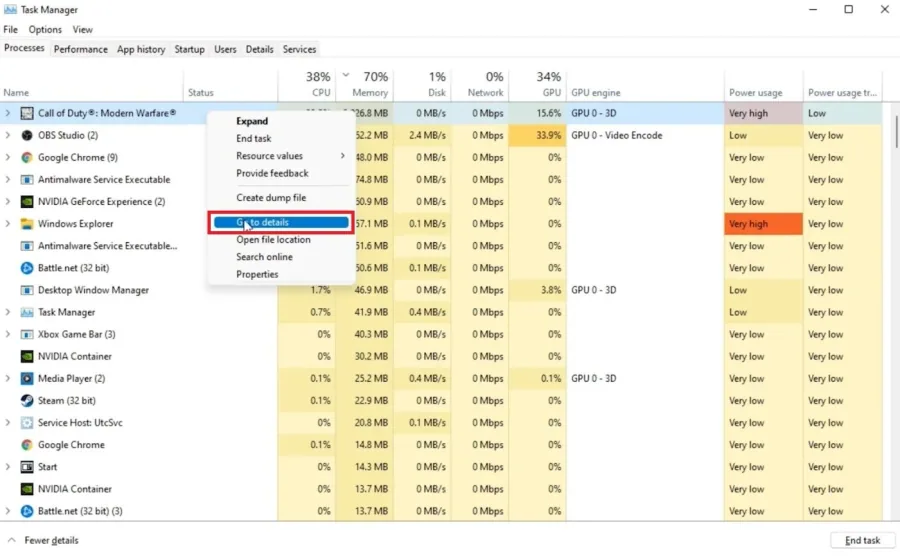 Task Manager > Processes > Modern Warfare > Go to Details