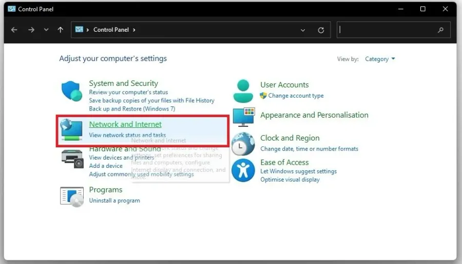 Control Panel > Network and Internet