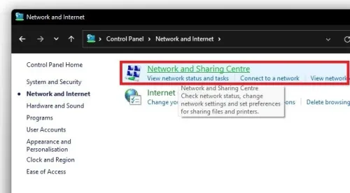 Network and Internet > Network and Sharing Centre