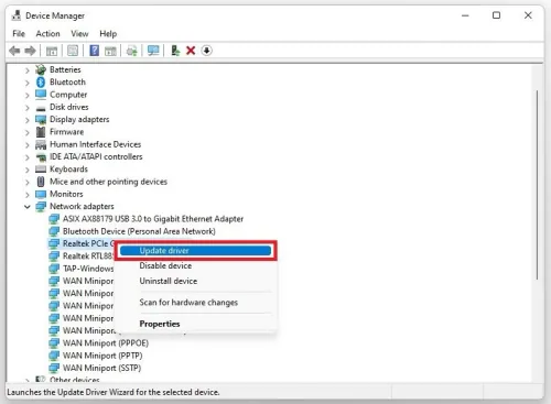 Device Manager > Network Adapters > Update Driver