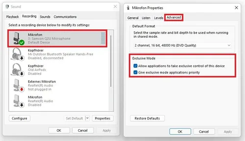 Microphone Properties > Advanced > Exclusive Mode