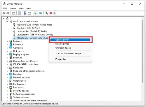Device Manager > Audio Input Device > Update Driver