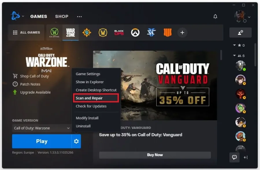 Battle.net > Warzone > Scan and Repair