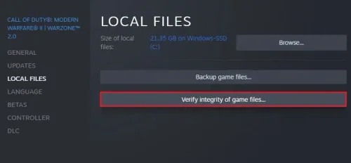 Warzone 2 Properties > Local Files > Verify Integrity…