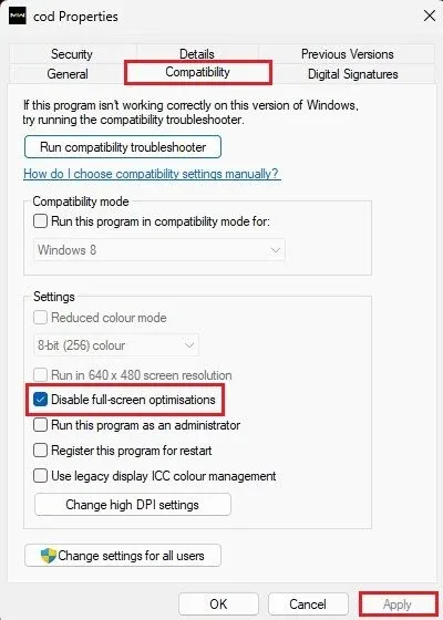 cod.exe > Properties > Compatibility