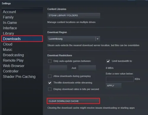 Steam Settings > Downloads > Clear Download Cache